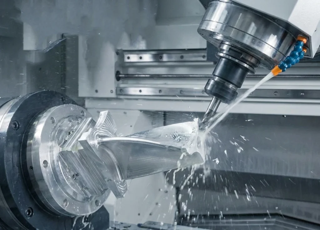 5-axis CNC machining process producing a precision aerospace aluminum component