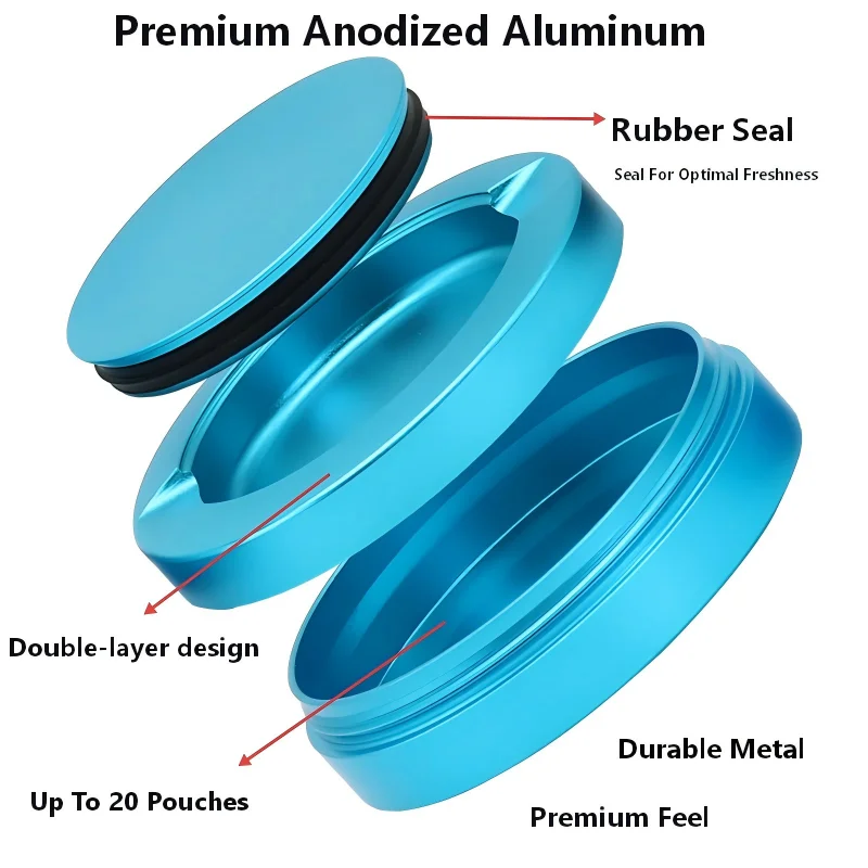 Despiece de una lata metálica de snus que muestra la tapa, la junta tórica de silicona y el cuerpo principal.