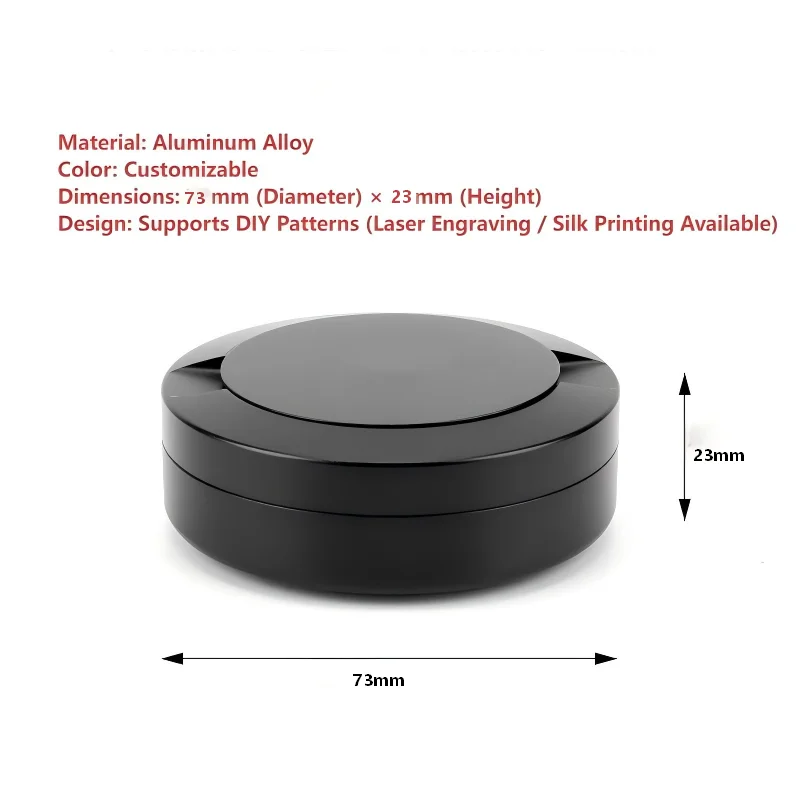 Dibujo técnico de una lata metálica estándar de snus de 73 mm con especificaciones de diámetro y altura.