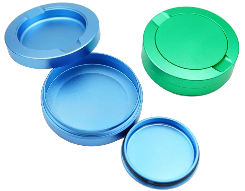 Open structure of CNC machined aluminum snus can showing internal design and lid mechanism